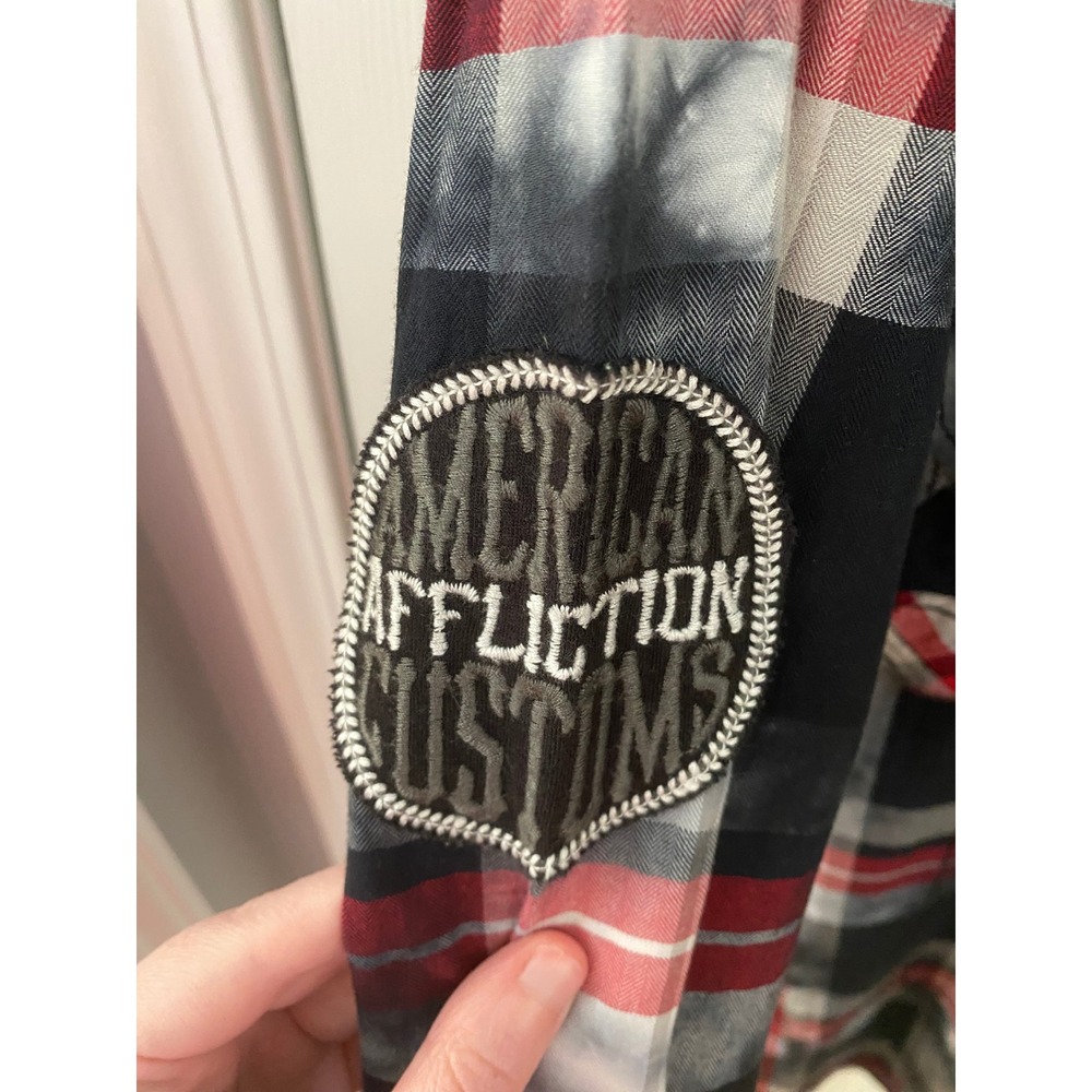 Affliction Button Down Men Large Red Grey Plaid Slim Black Premium Biker Shirt - Picture 5 of 10